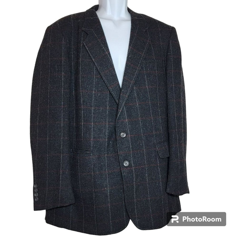 Oakton LTD Vintage Jacket, Men 44/L, Charcoal Gray w/Red & Gray Check, Wool, EUC
